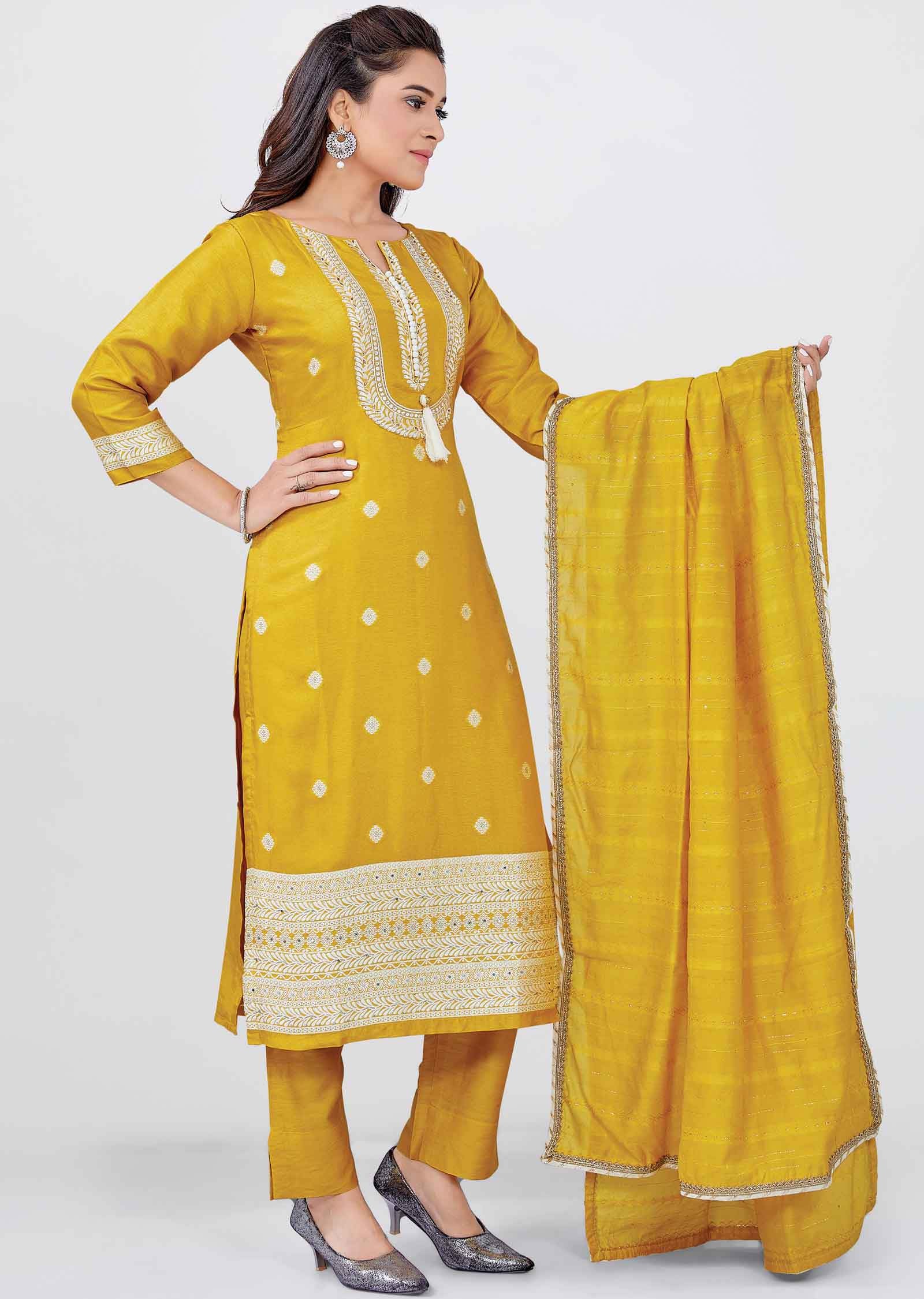 Yellow Silk Straight cut suits