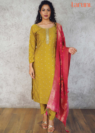 Mustard Silk Sequins Straight cut suits