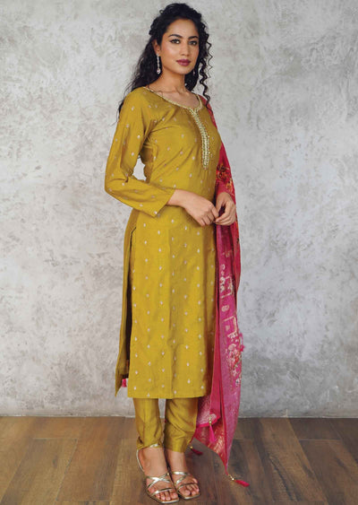 Mustard Silk Sequins Straight cut suits