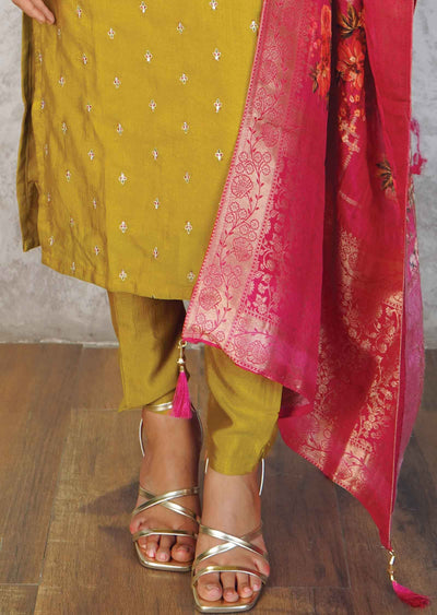 Mustard Silk Sequins Straight cut suits