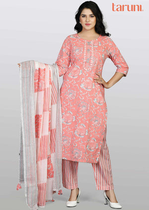 Pink Cotton Printed Straight cut suits