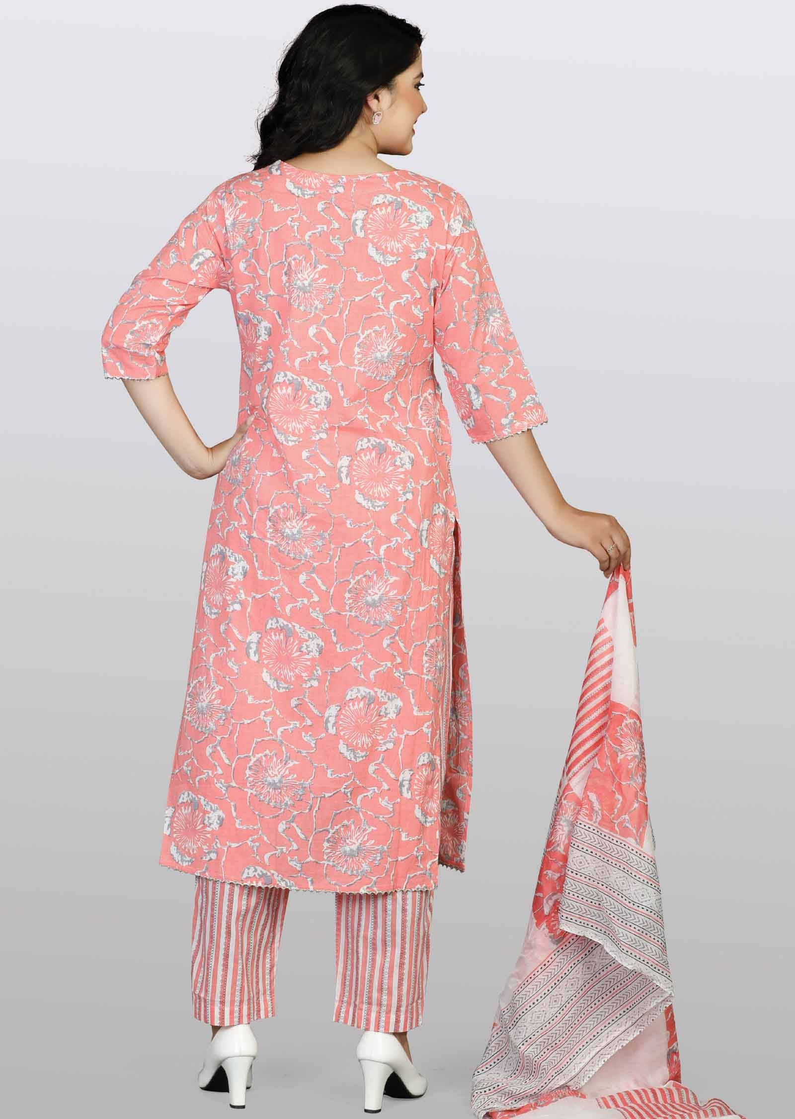 Pink Cotton Printed Straight cut suits