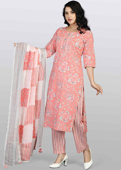 Pink Cotton Printed Straight cut suits