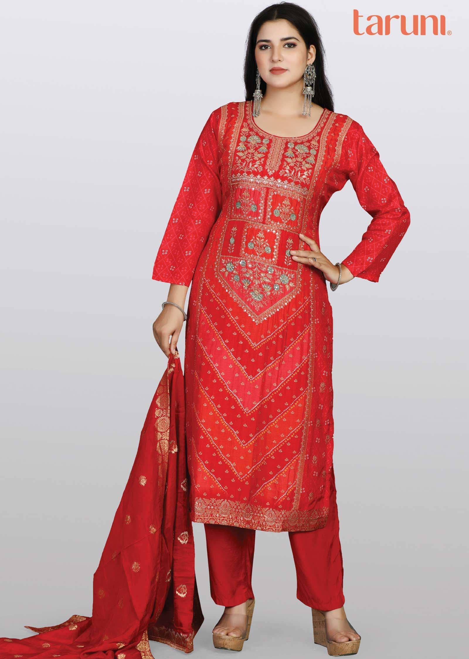 Red Banaras Sequins Straight cut suits