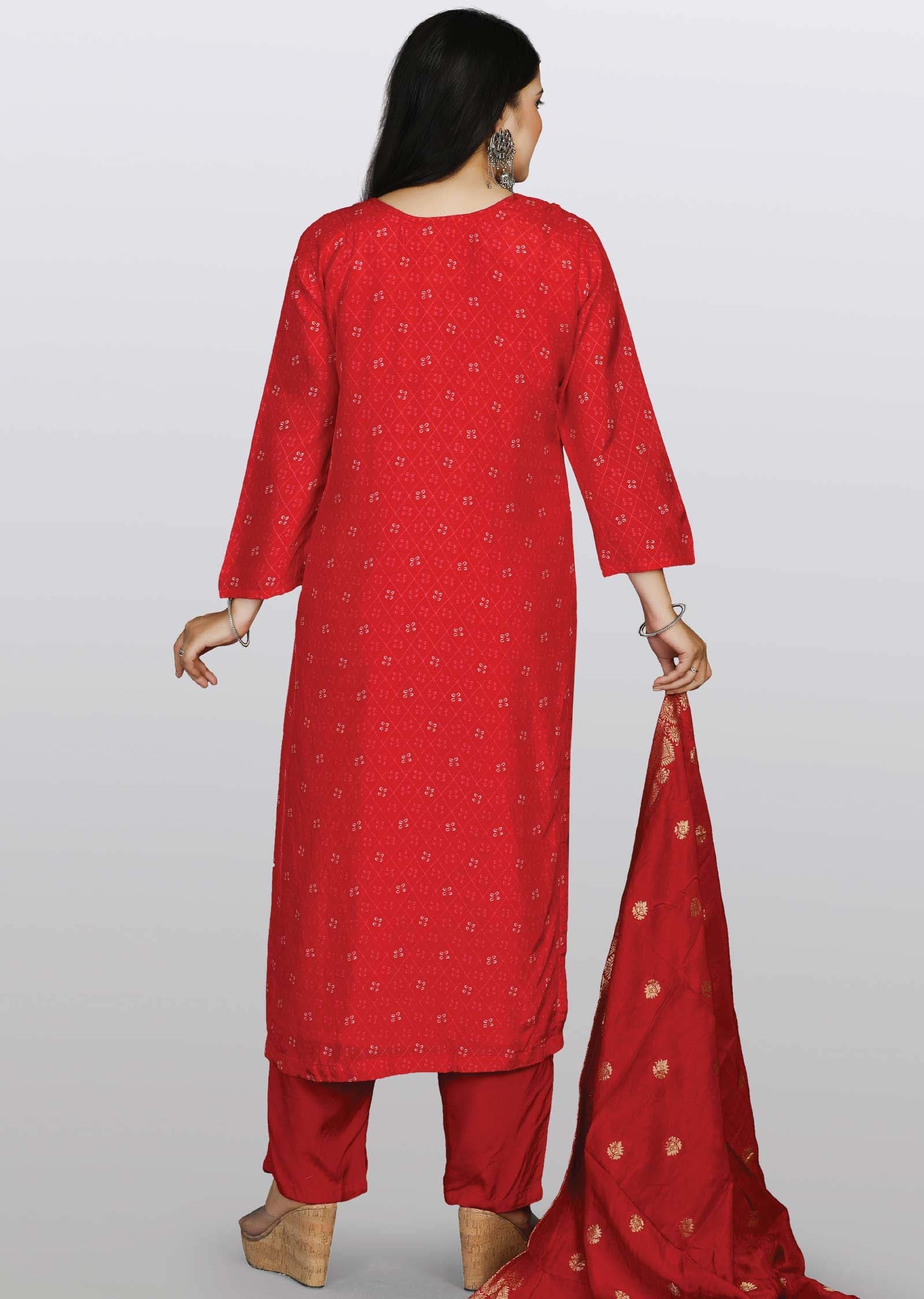 Red Banaras Sequins Straight cut suits