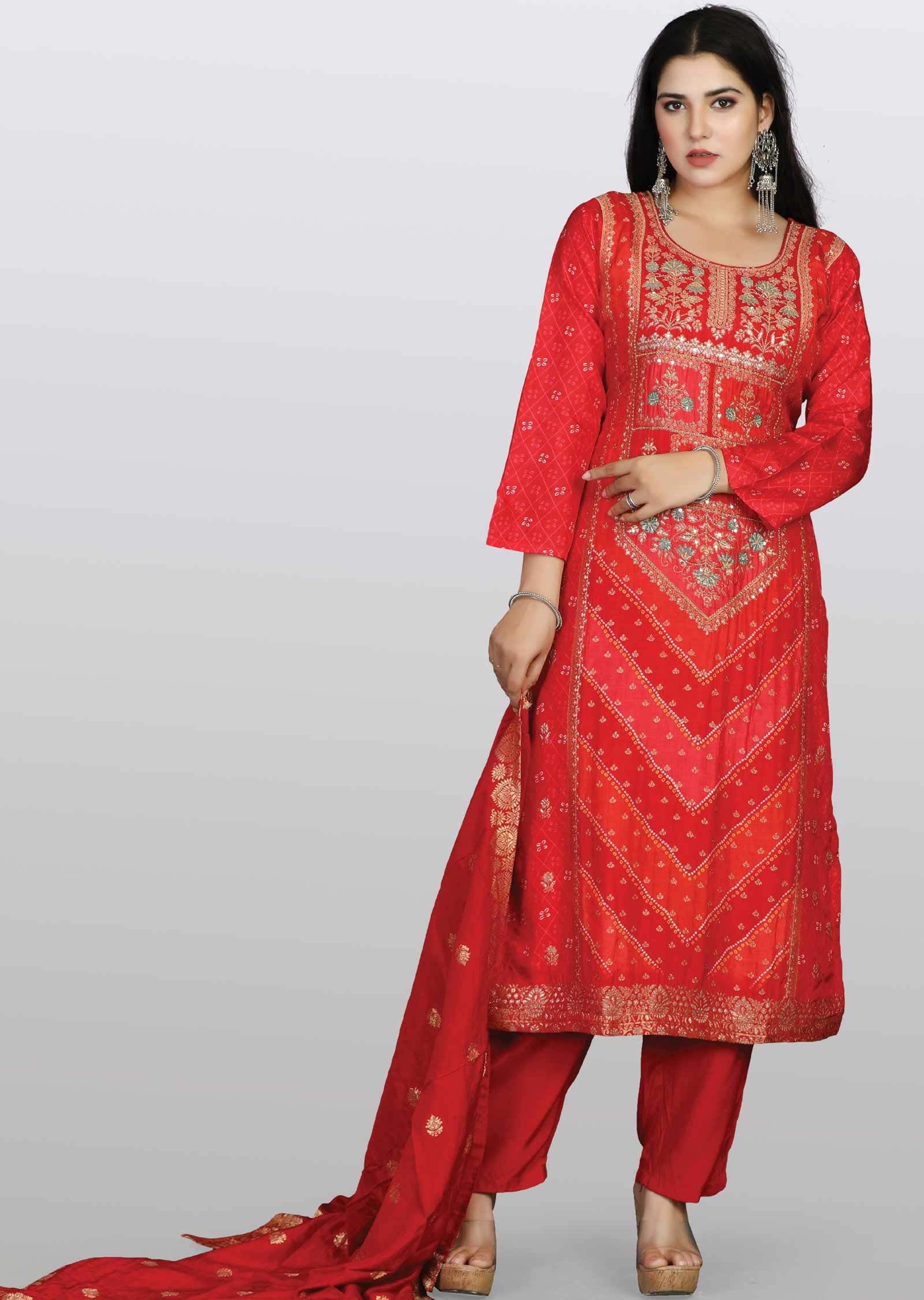 Red Banaras Sequins Straight cut suits