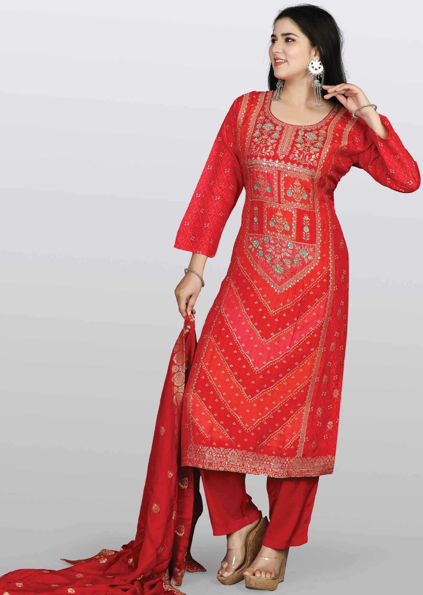 Red Banaras Sequins Straight cut suits