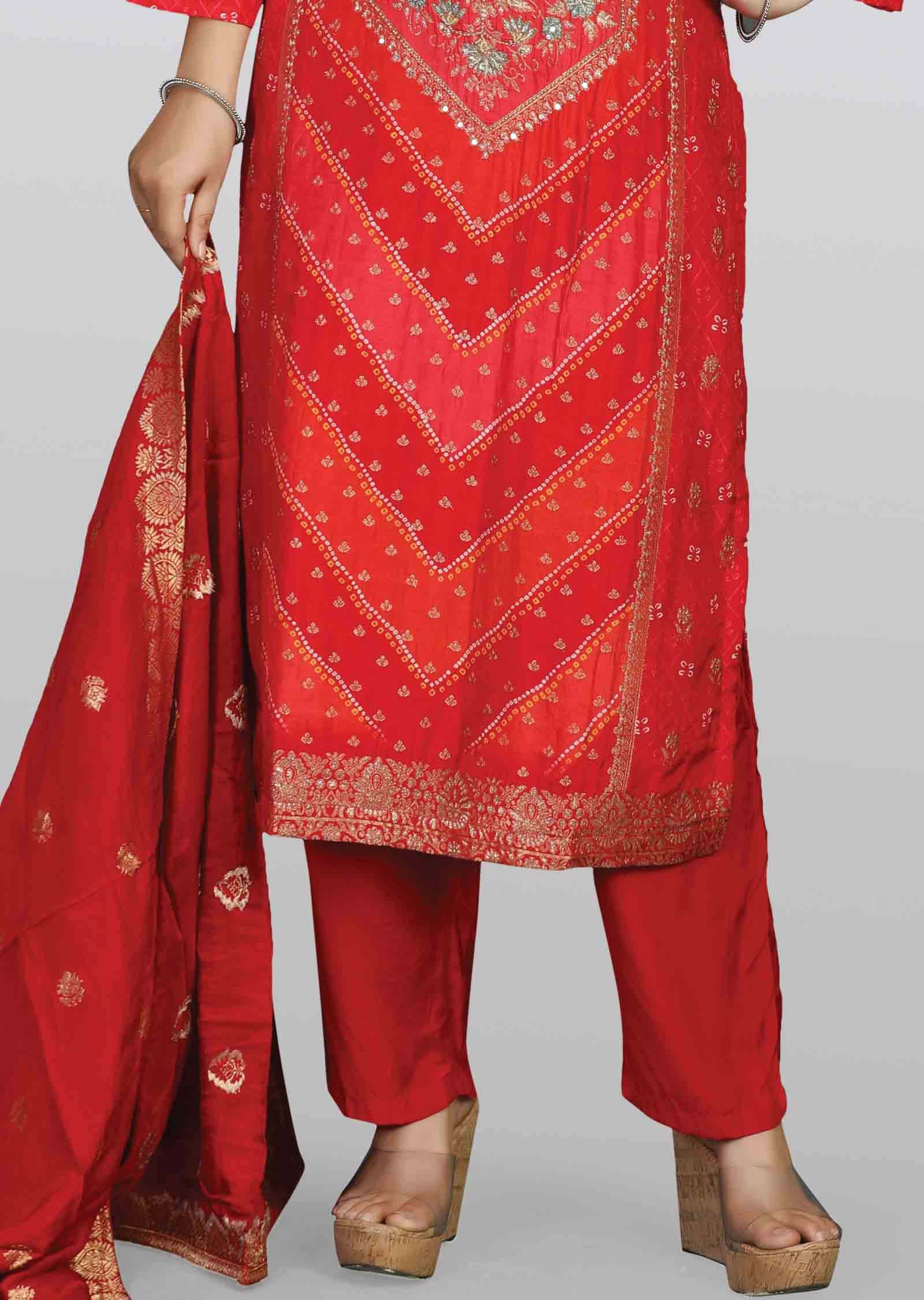 Red Banaras Sequins Straight cut suits