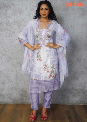 Lavender Muslin Printed Straight cut suits