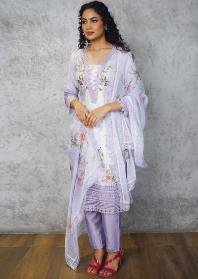 Lavender Muslin Printed Straight cut suits