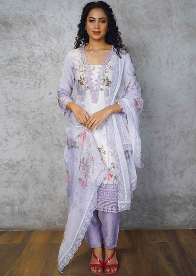 Lavender Muslin Printed Straight cut suits