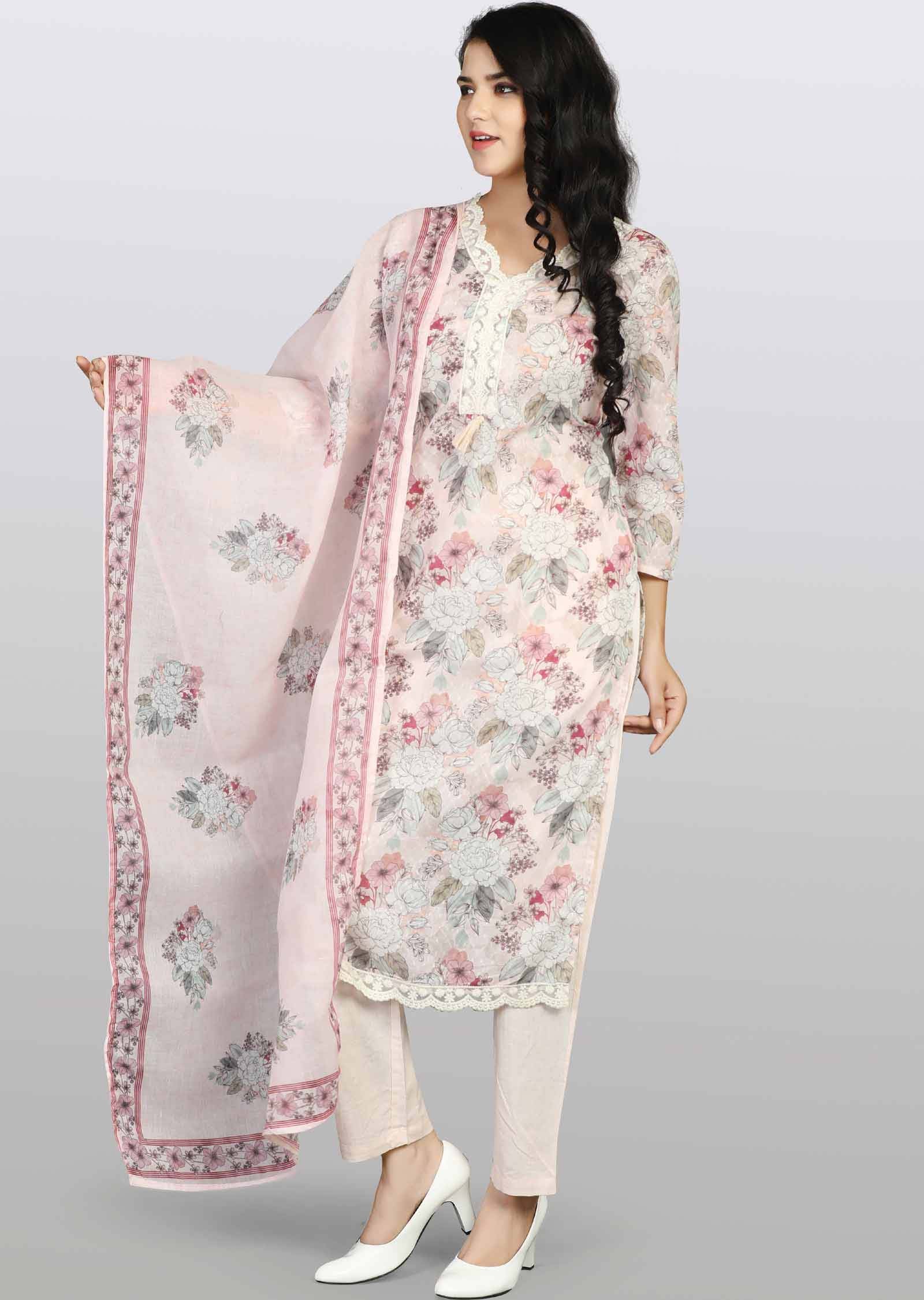 Dusty Peach Cotton Printed Straight cut suits