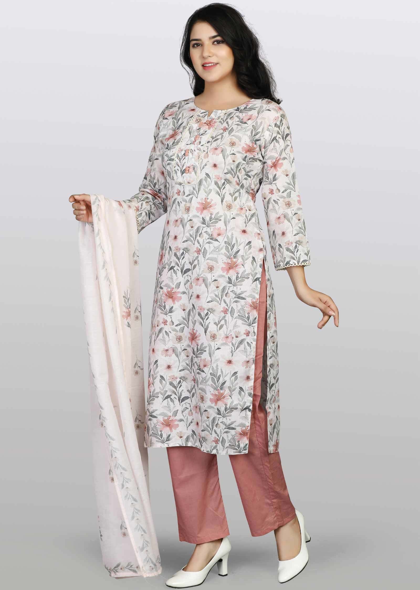 Light Beige Linen Cotton Printed Straight cut suits