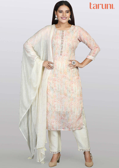 Beige Linen Cotton Embroidered Straight cut suits