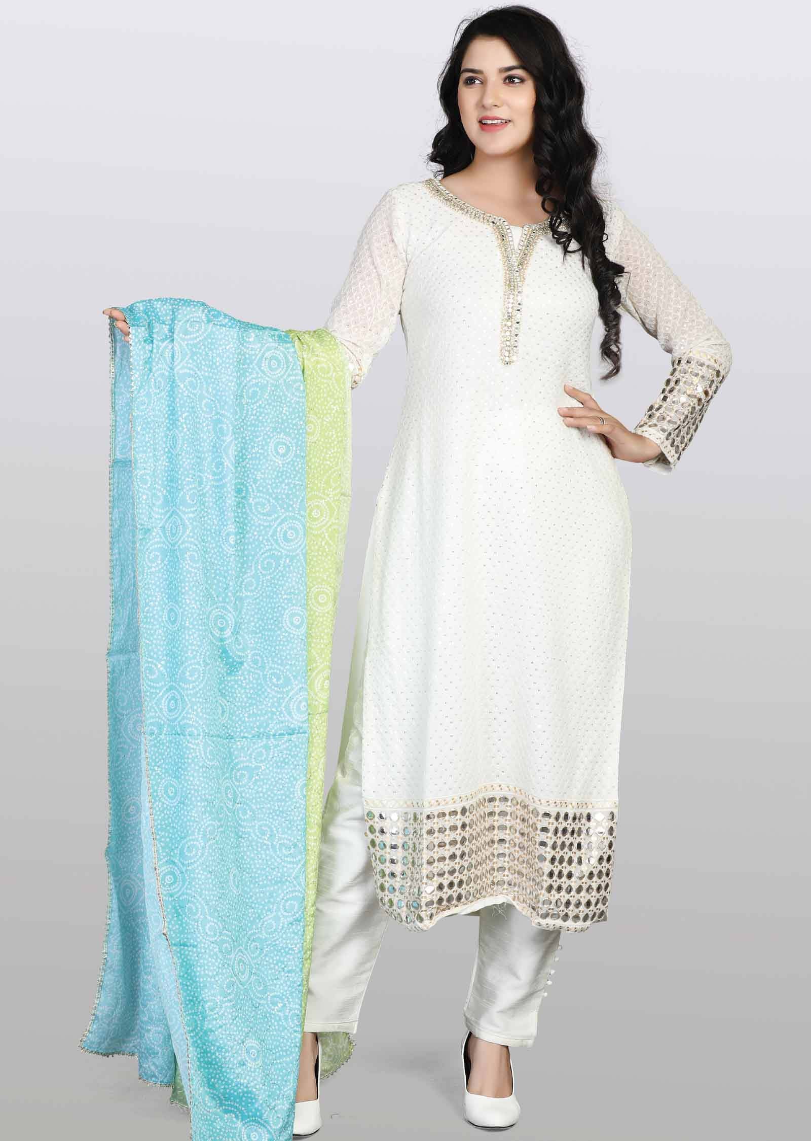 Off White Georgette Embroidered Straight cut suits