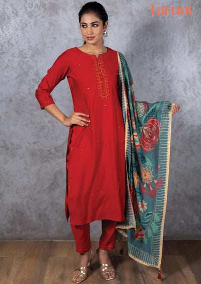 Red Silk Printed Straight cut suits