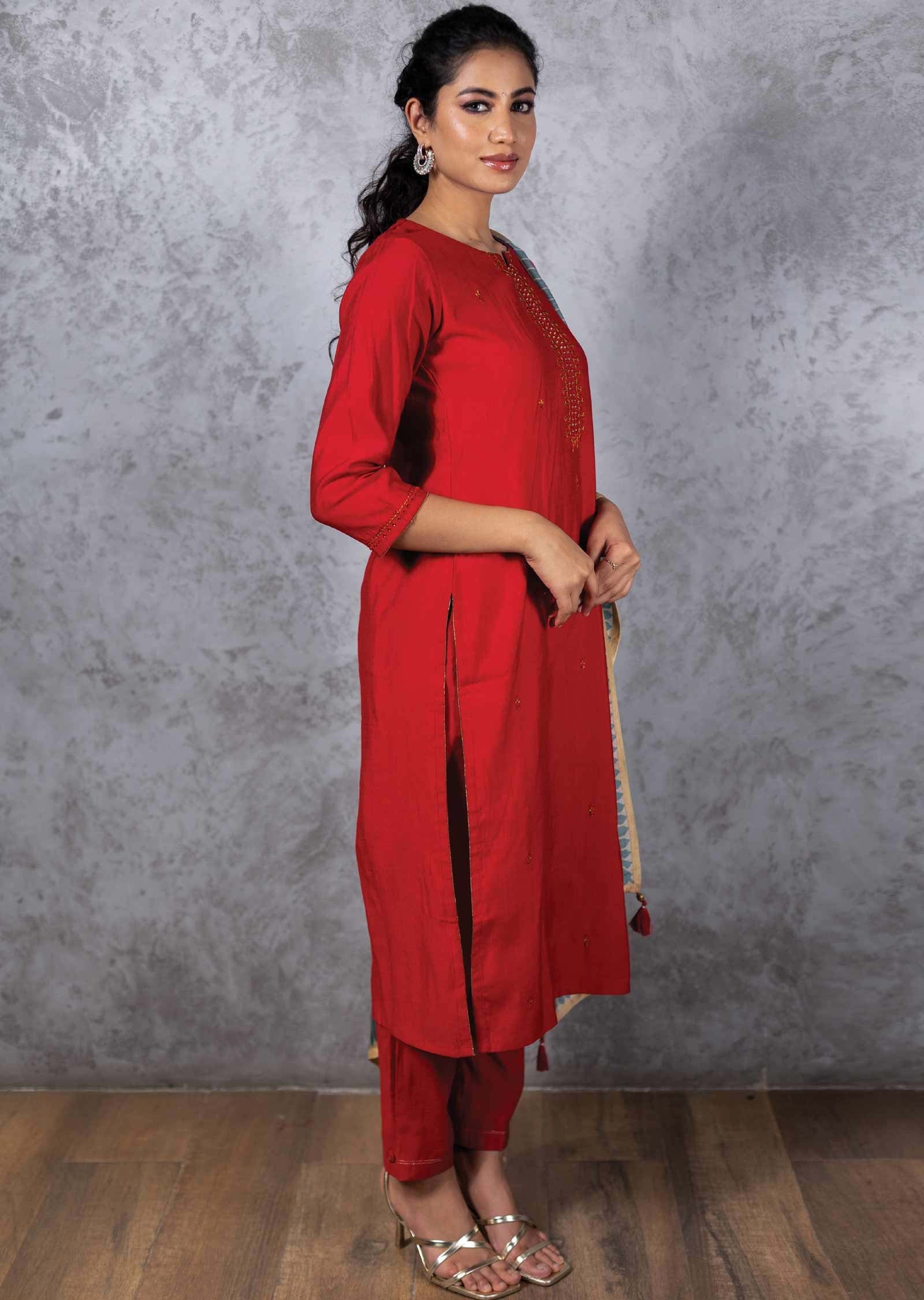 Red Silk Straight cut suit