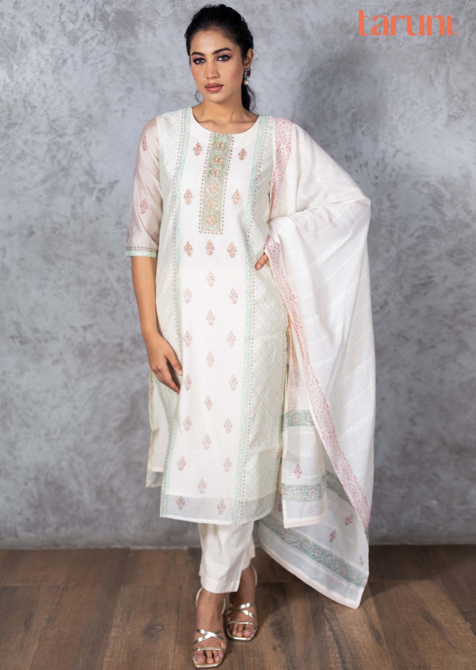 Cream Chanderi Straight cut suit