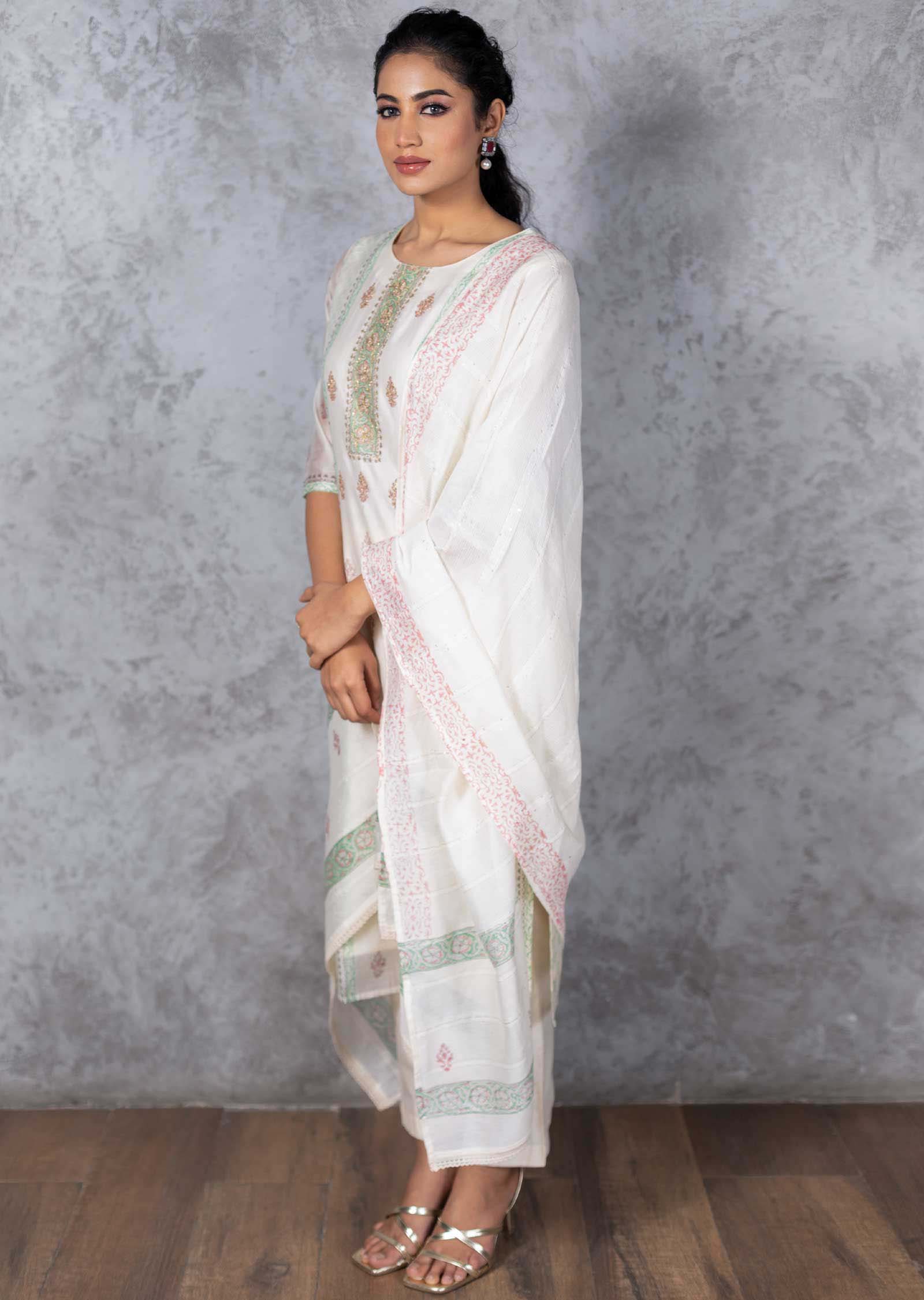 Cream & Green Chanderi Printed Straight cut suits