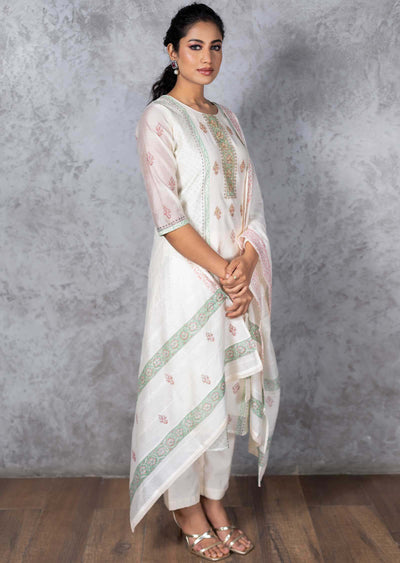 Cream & Green Chanderi Printed Straight cut suits