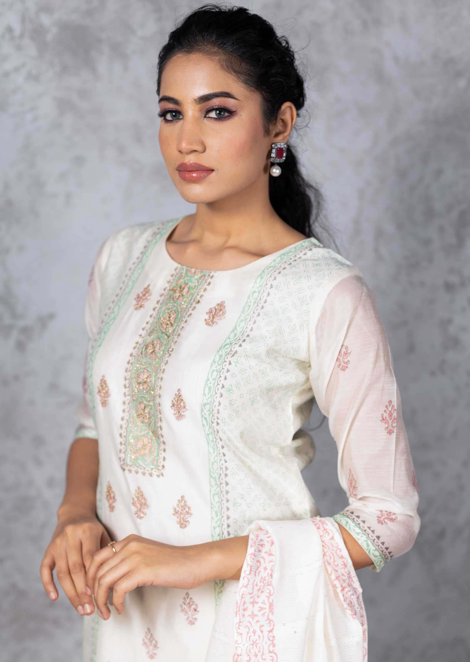 Cream Chanderi Straight cut suit