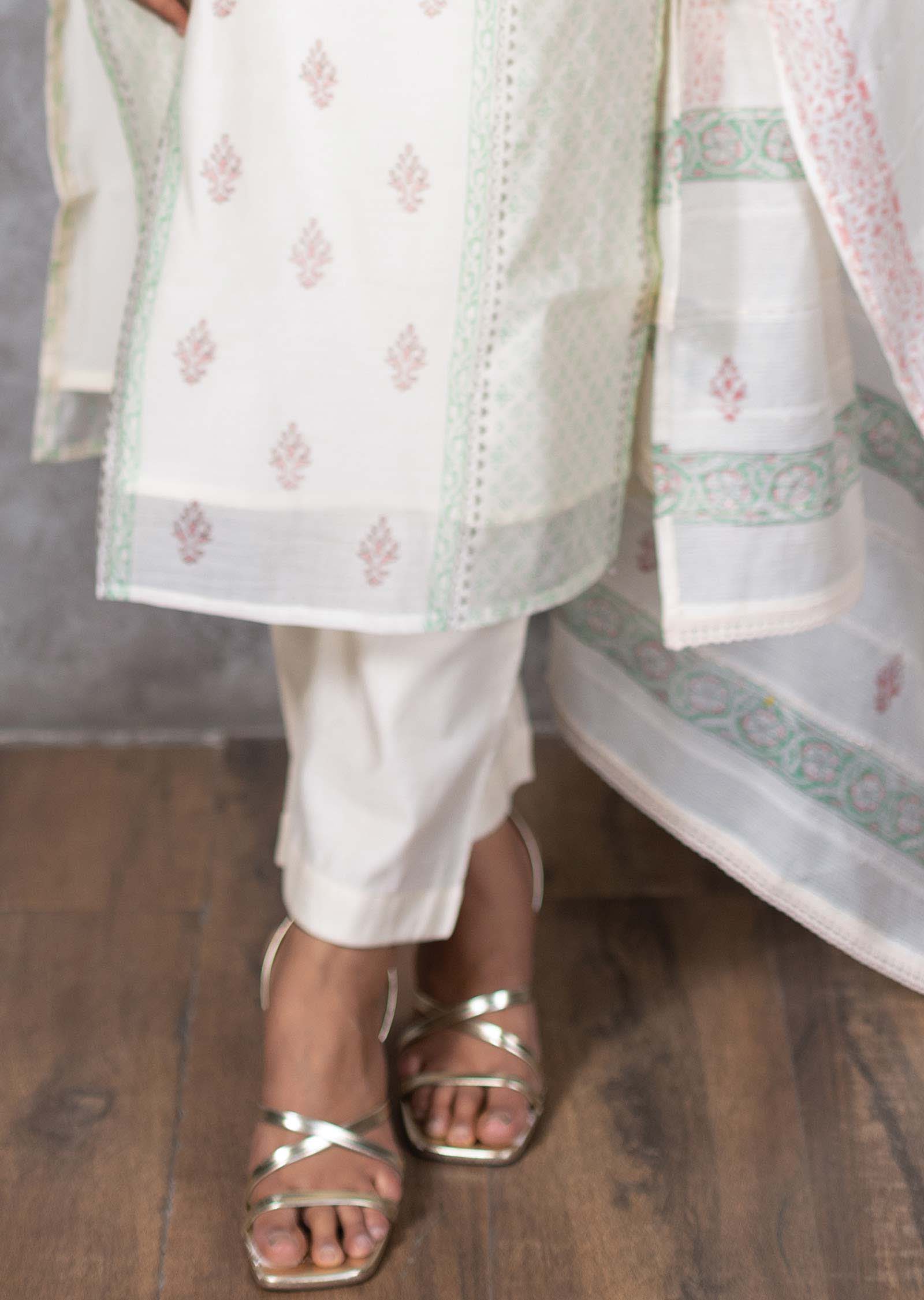 Cream & Green Chanderi Printed Straight cut suits