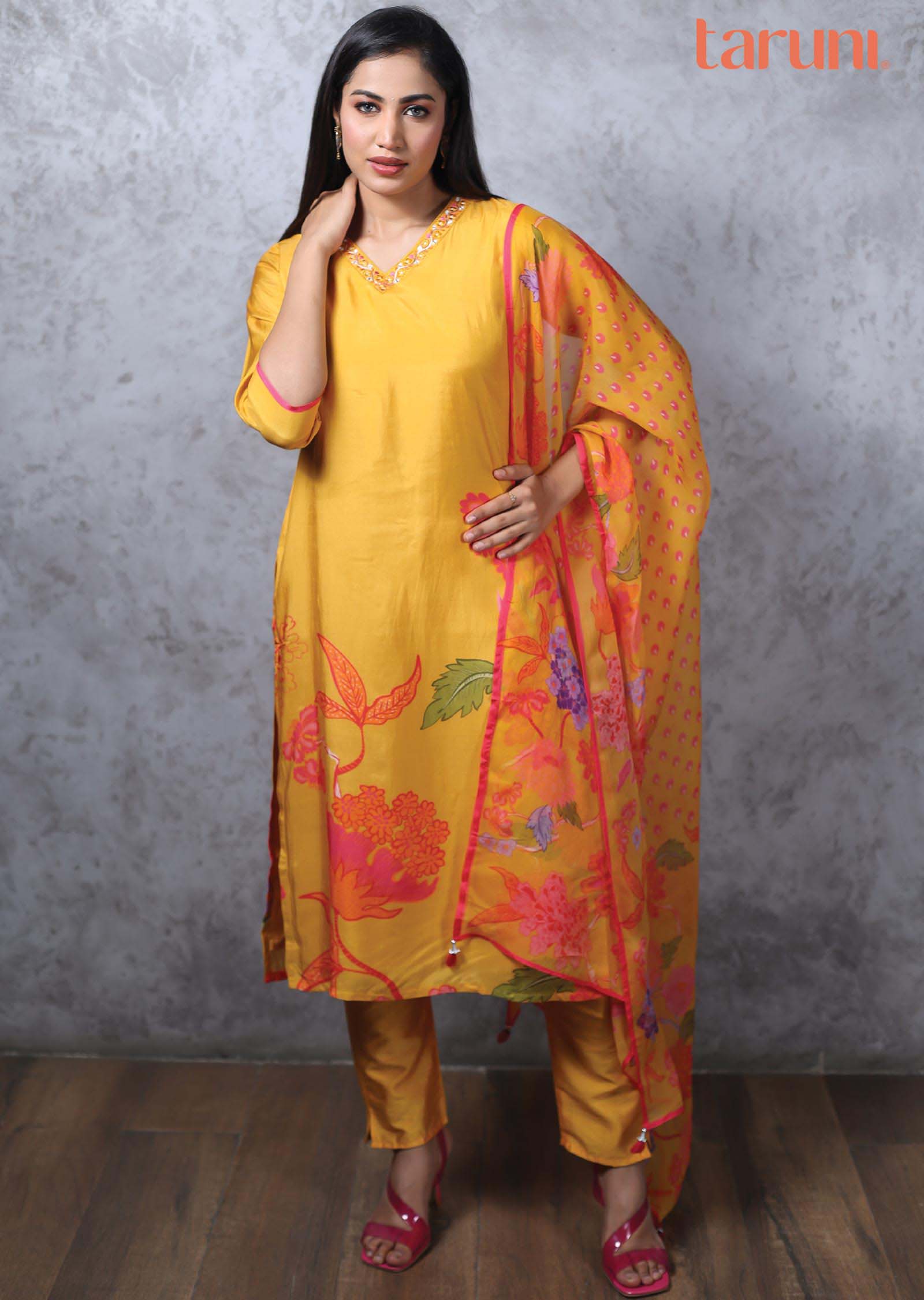 Mustard Muslin Printed Straight cut suits