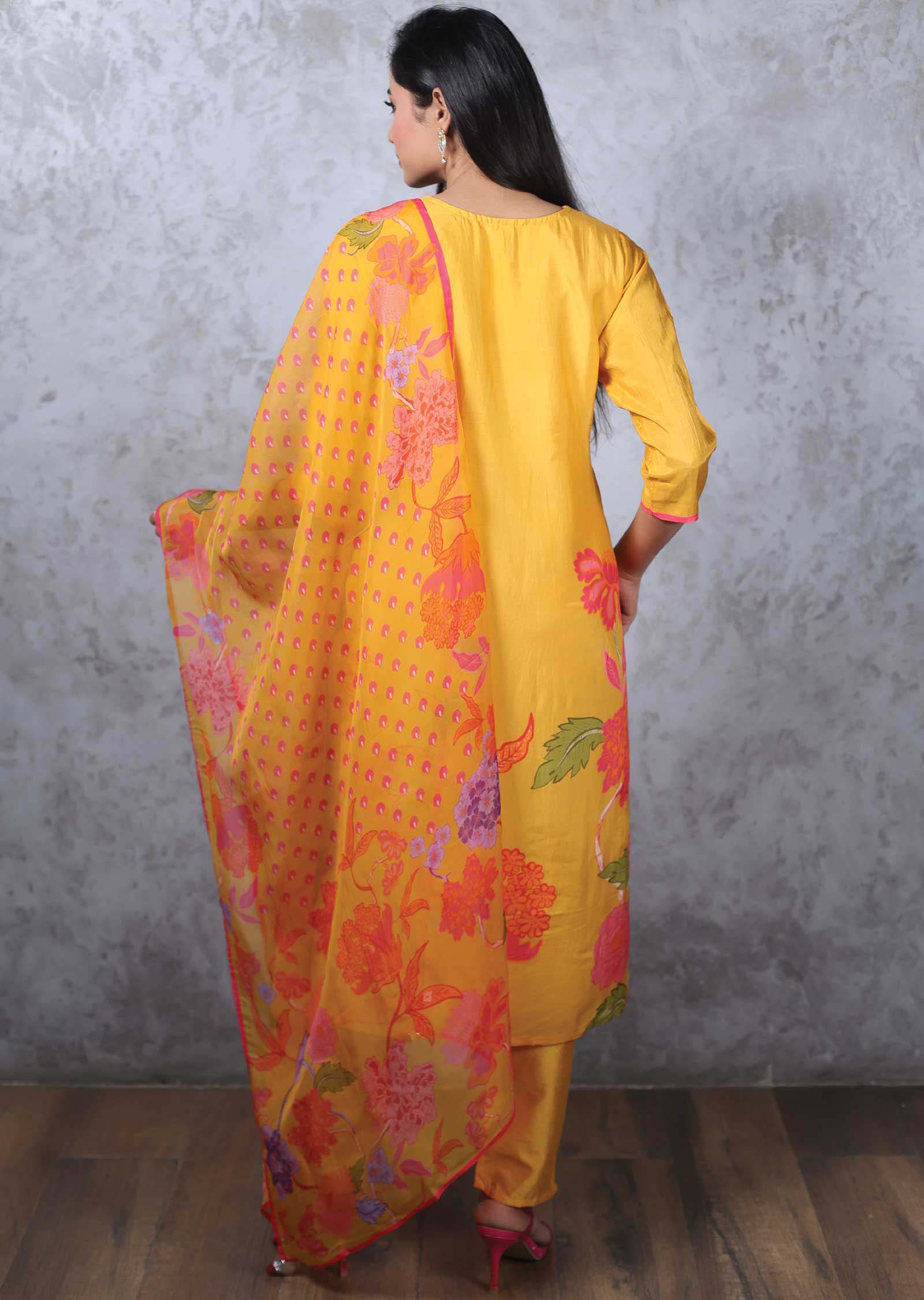 Mustard Muslin Printed Straight cut suits