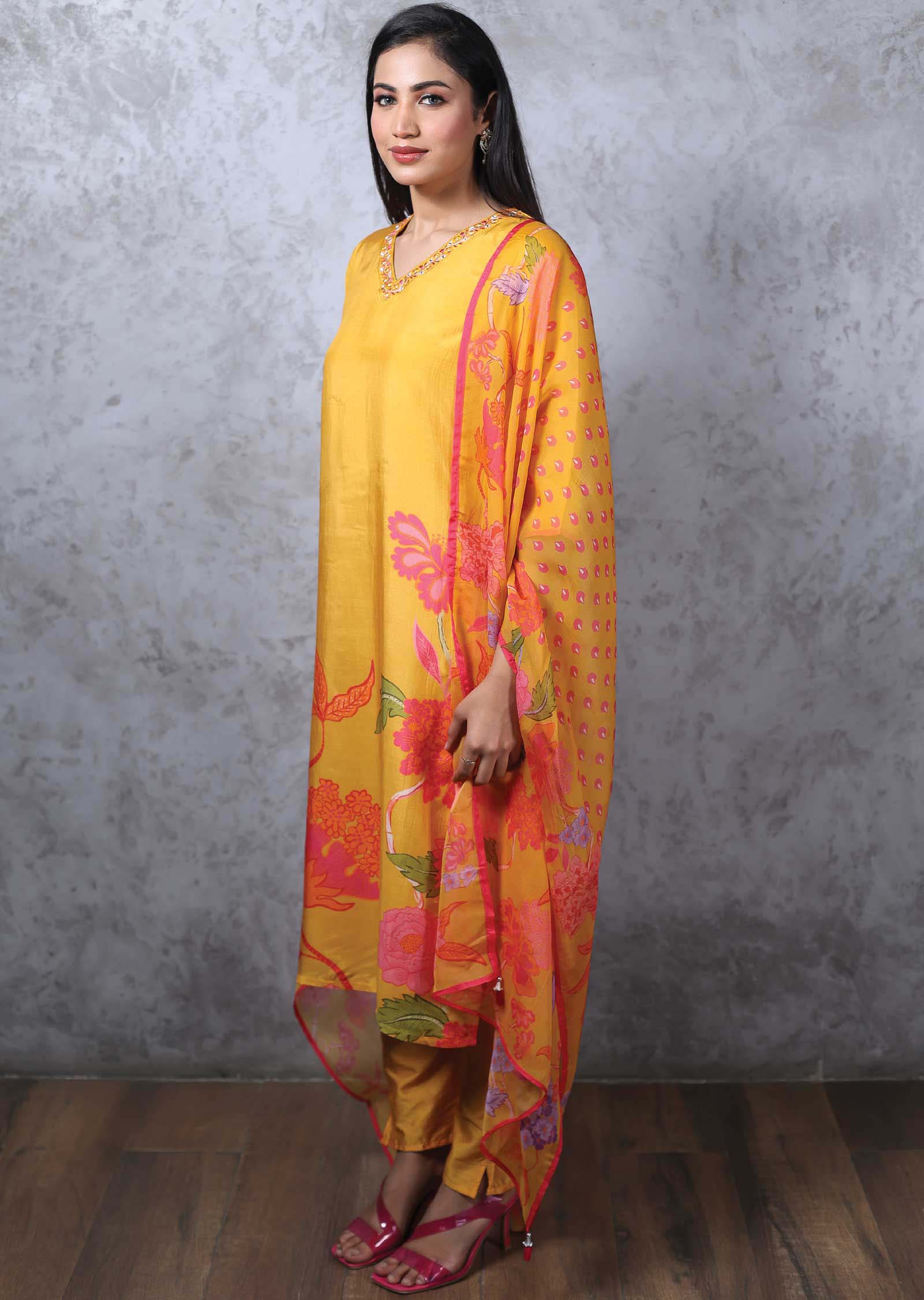 Mustard Muslin Printed Straight cut suits