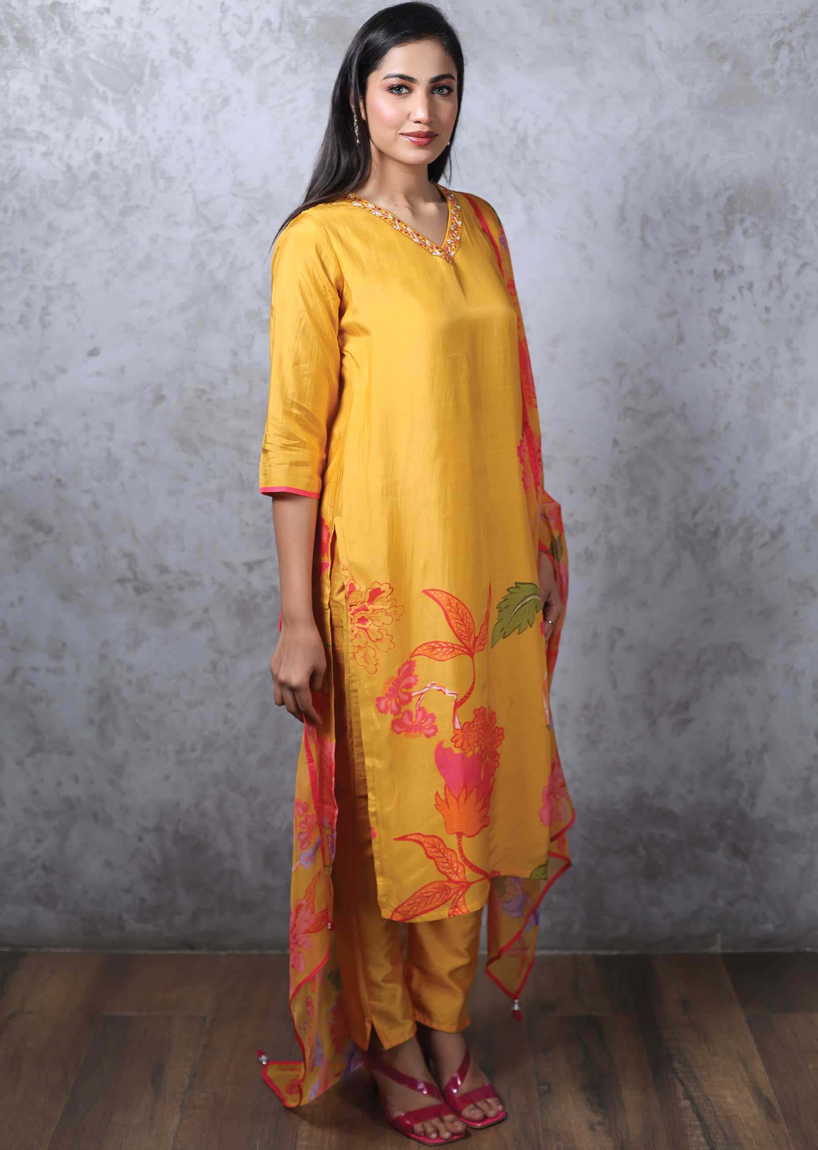 Mustard Muslin Printed Straight cut suits