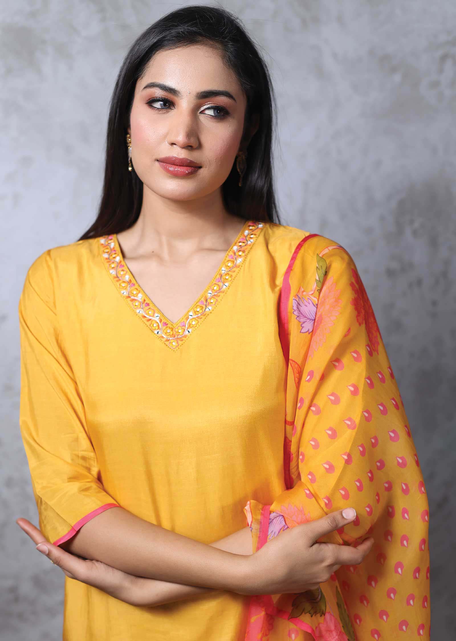 Mustard Muslin Printed Straight cut suits