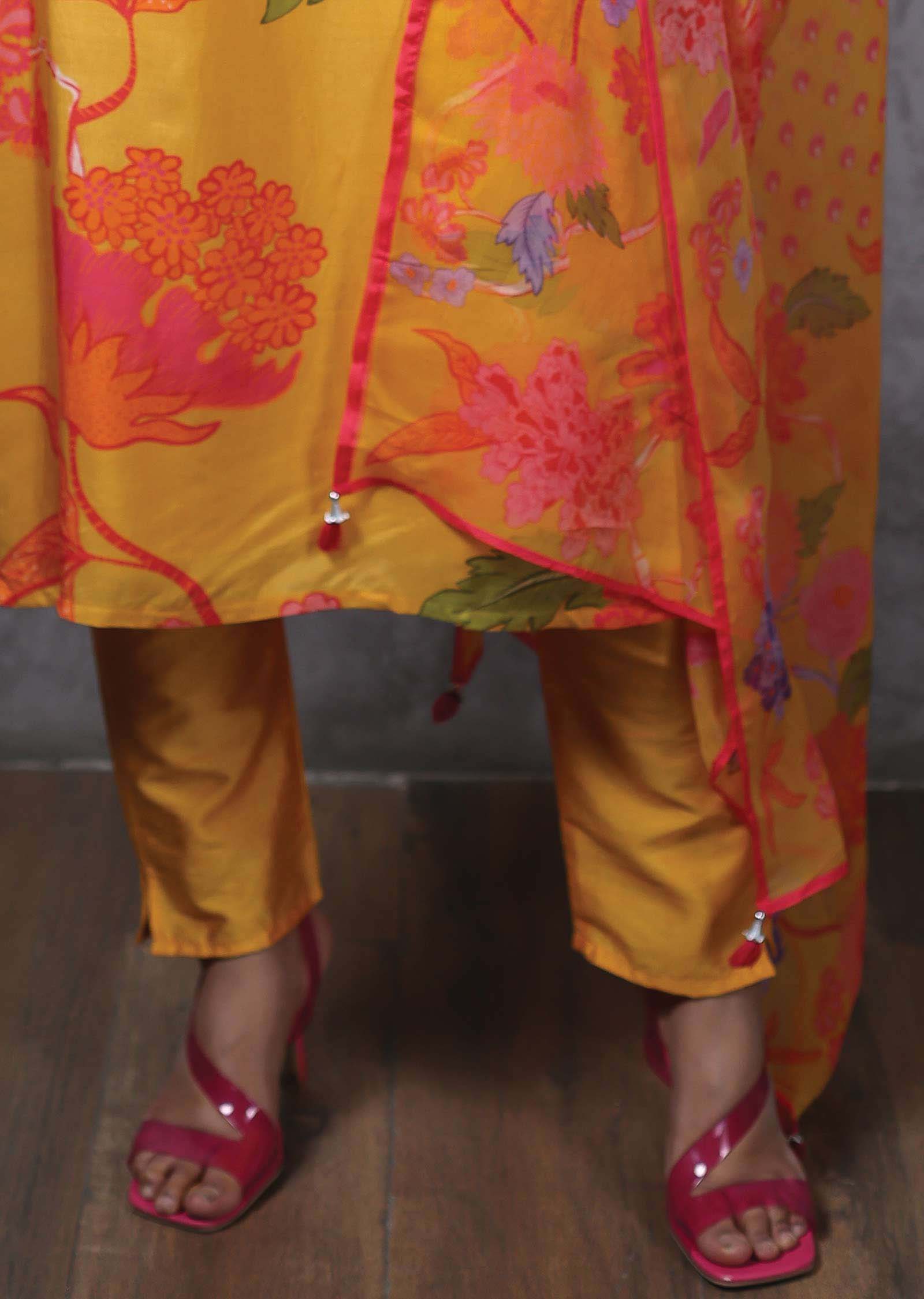 Mustard Muslin Printed Straight cut suits