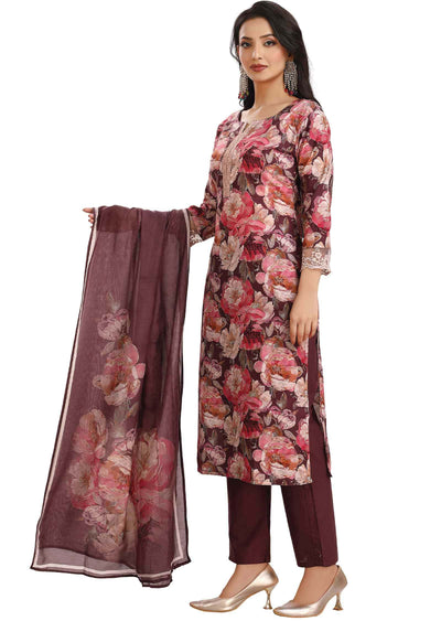 Dark Magenta Linen Cotton Embroidered Straight cut suits