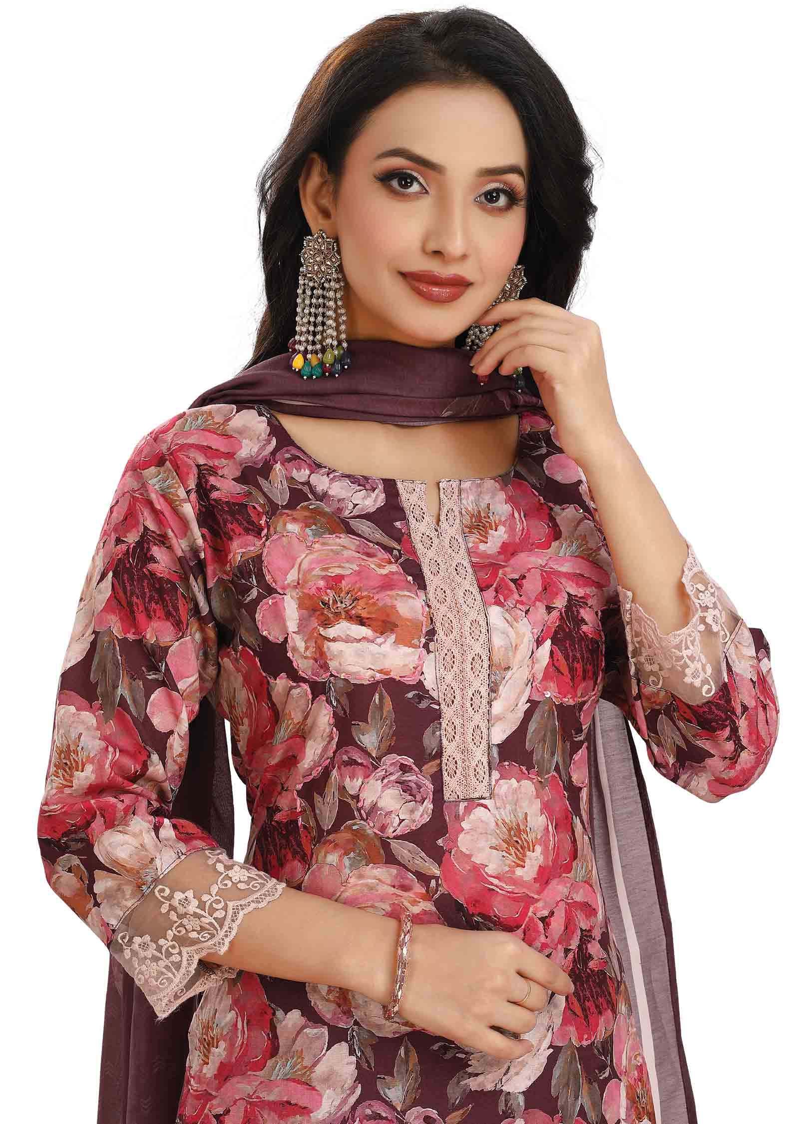 Dark Magenta Lenin Cotton Embroidered Straight cut suits