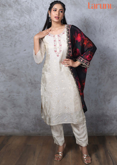Beige  Banaras Silk Tissue Straight cut suit