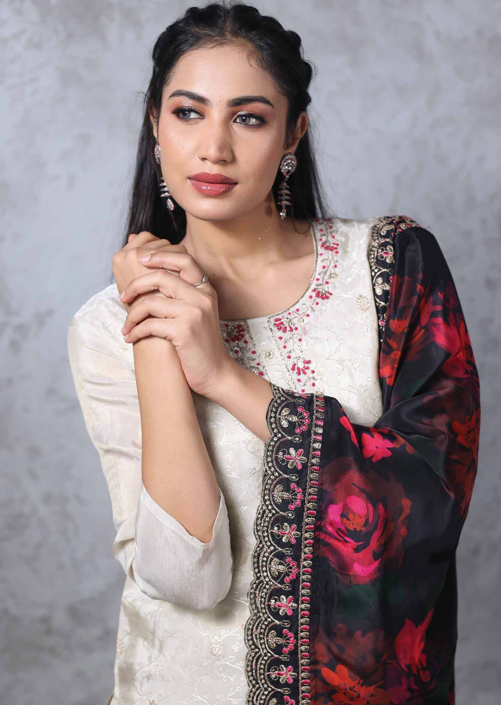 Beige Tissue Banaras Silk Zardosi & Embroidered Straight cut suits